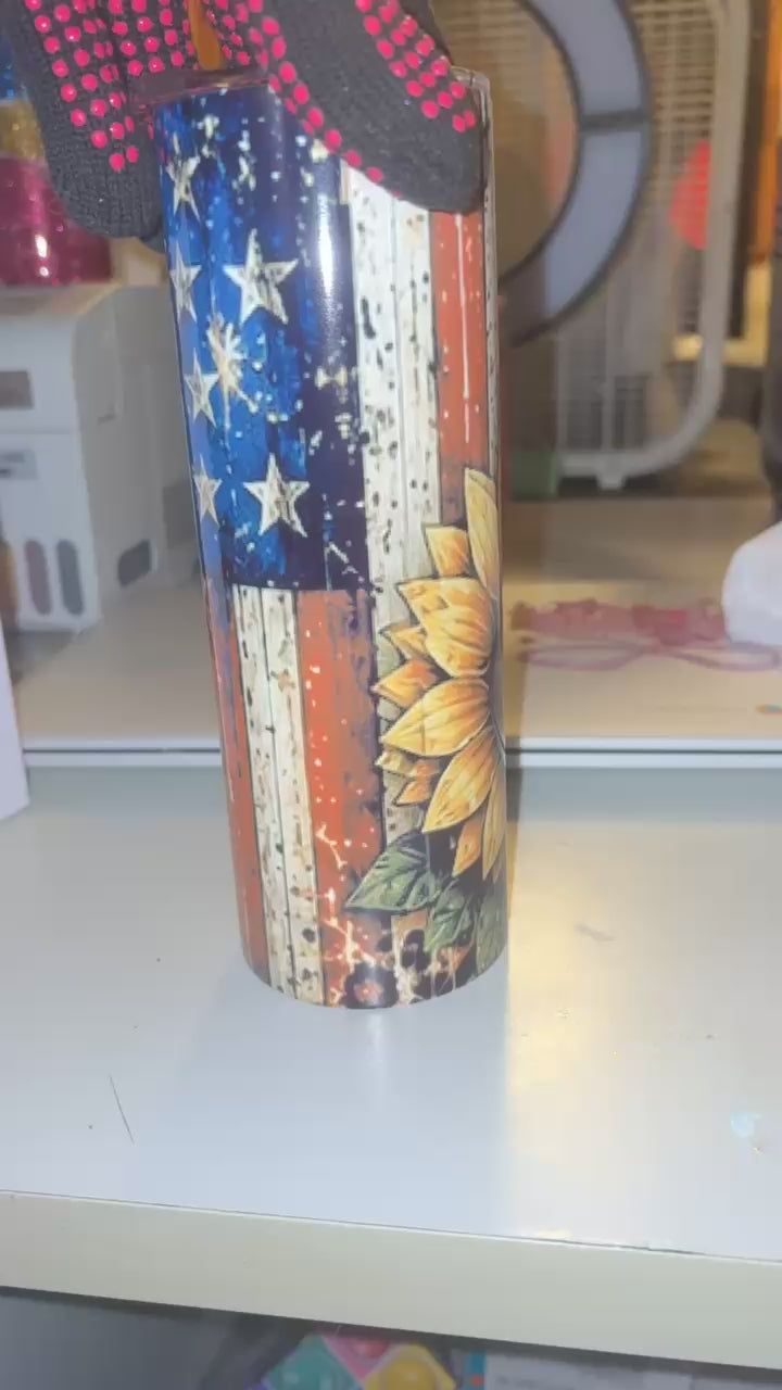 Sunflower American Flag 20 oz Sublimation Tumbler